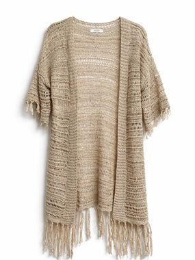 Umgee Beige Open-Knit Boho Crochet Fringe Kimono Cardigan S/M